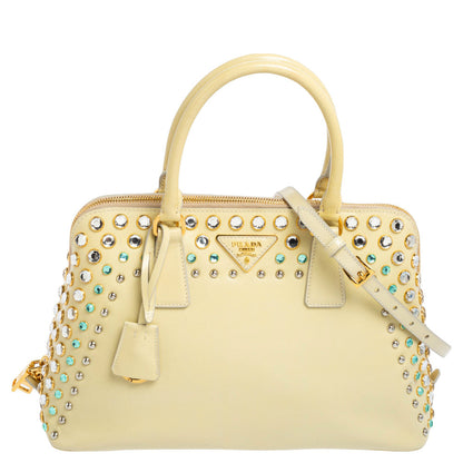 Prada Cream Saffiano Vernic Leather Crystal Embellished Pyramid Frame Satchel