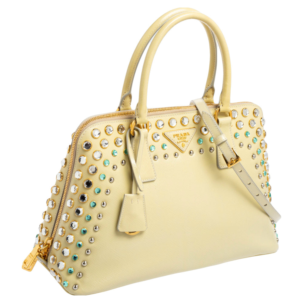 Prada Cream Saffiano Vernic Leather Crystal Embellished Pyramid Frame Satchel