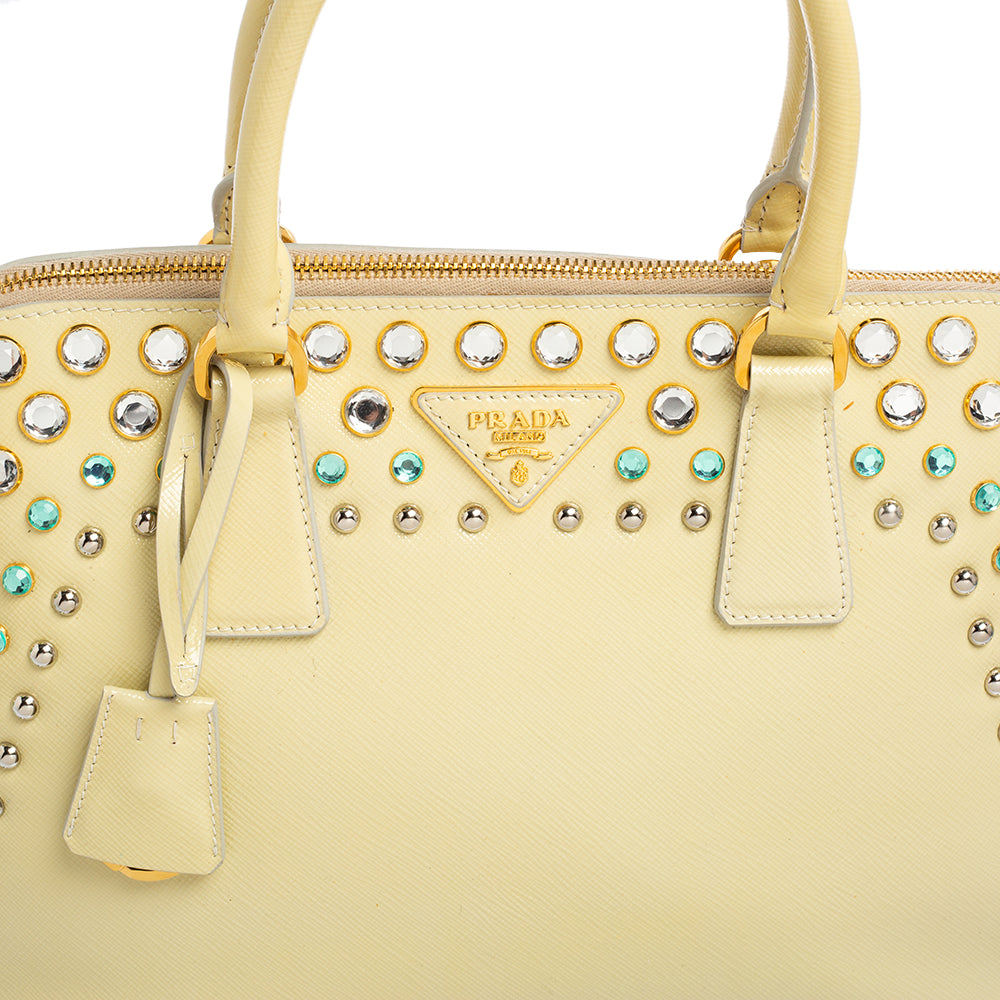 Prada Cream Saffiano Vernic Leather Crystal Embellished Pyramid Frame Satchel