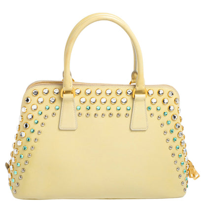 Prada Cream Saffiano Vernic Leather Crystal Embellished Pyramid Frame Satchel