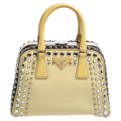 Prada Beige/Black Saffiano Patent Leather Studded Pyramid Frame Satchel