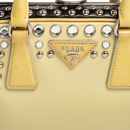 Prada Beige/Black Saffiano Patent Leather Studded Pyramid Frame Satchel