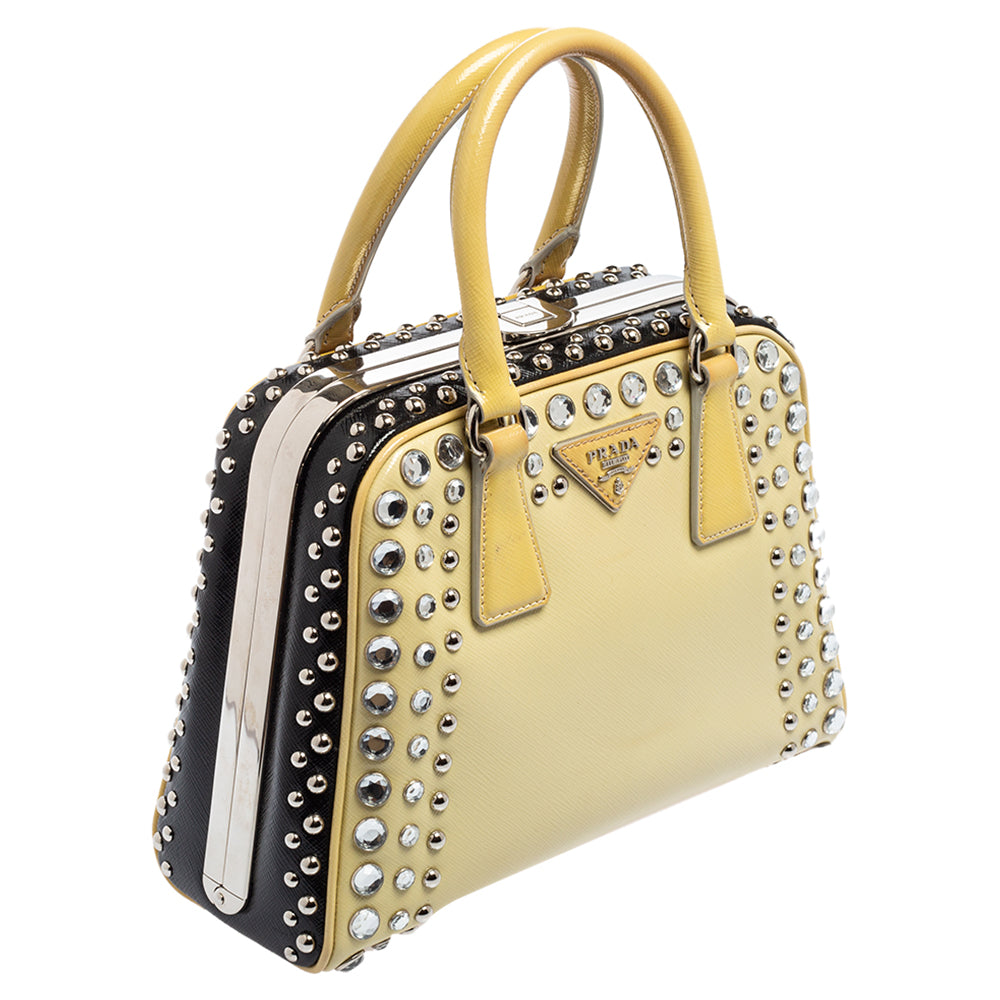 Prada Beige/Black Saffiano Patent Leather Studded Pyramid Frame Satchel