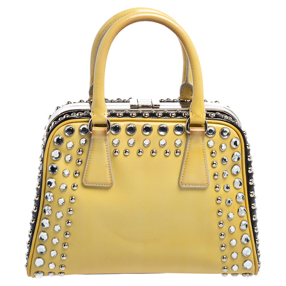 Prada Beige/Black Saffiano Patent Leather Studded Pyramid Frame Satchel