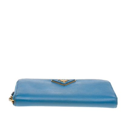 Prada Blue Saffiano Leather Zip Around Wallet