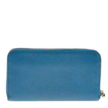 Prada Blue Saffiano Leather Zip Around Wallet