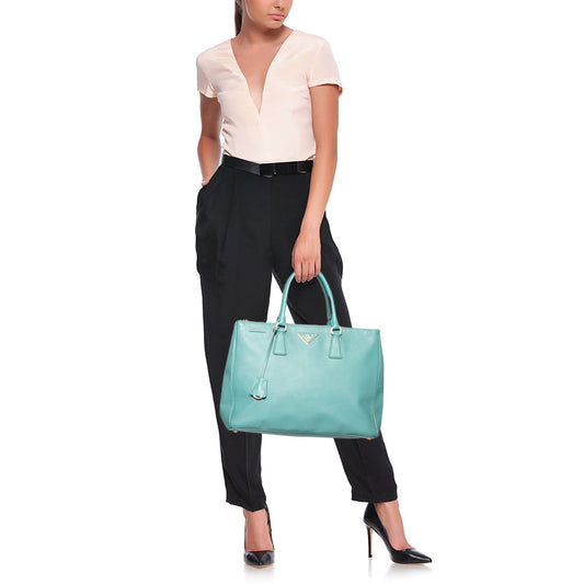 Prada Celeste Green Saffiano Lux Leather Large Double Zip Tote