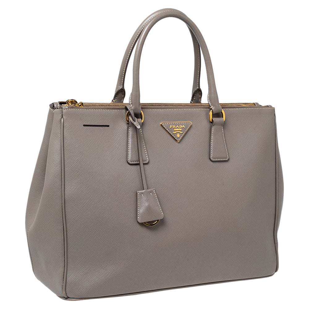 Prada Grey Saffiano Lux Leather Large Double Zip Tote