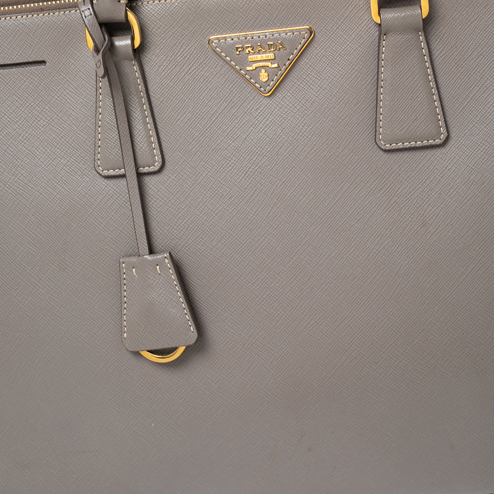 Prada Grey Saffiano Lux Leather Large Double Zip Tote