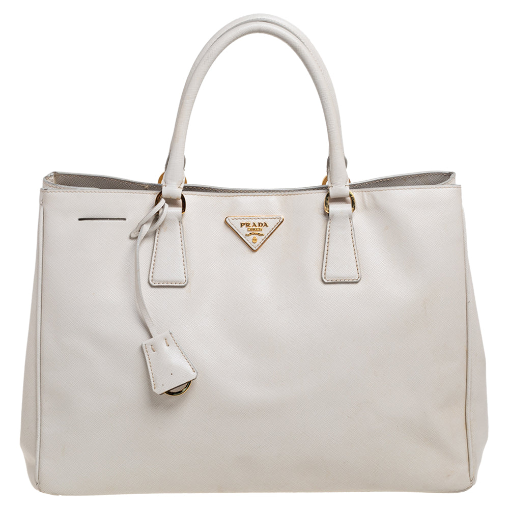 Prada Pearl White Saffiano Lux Leather Large Open Galleria Tote