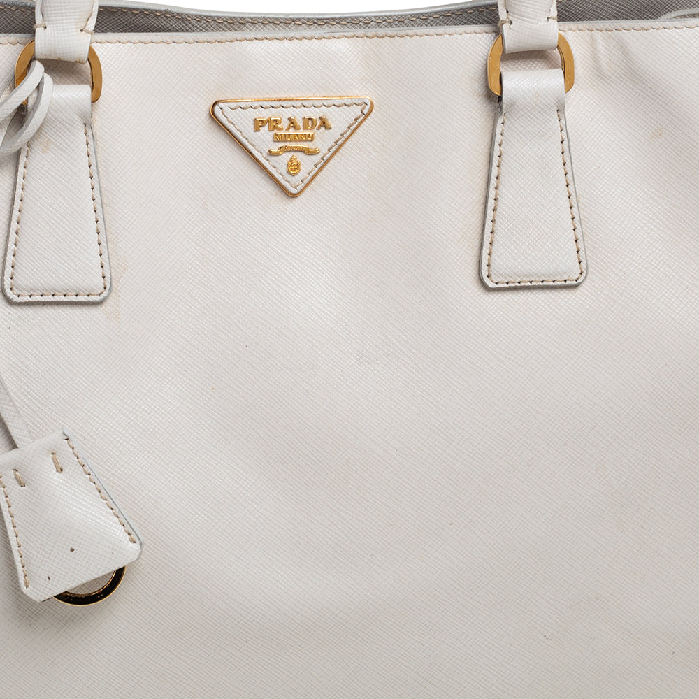 Prada Pearl White Saffiano Lux Leather Large Open Galleria Tote