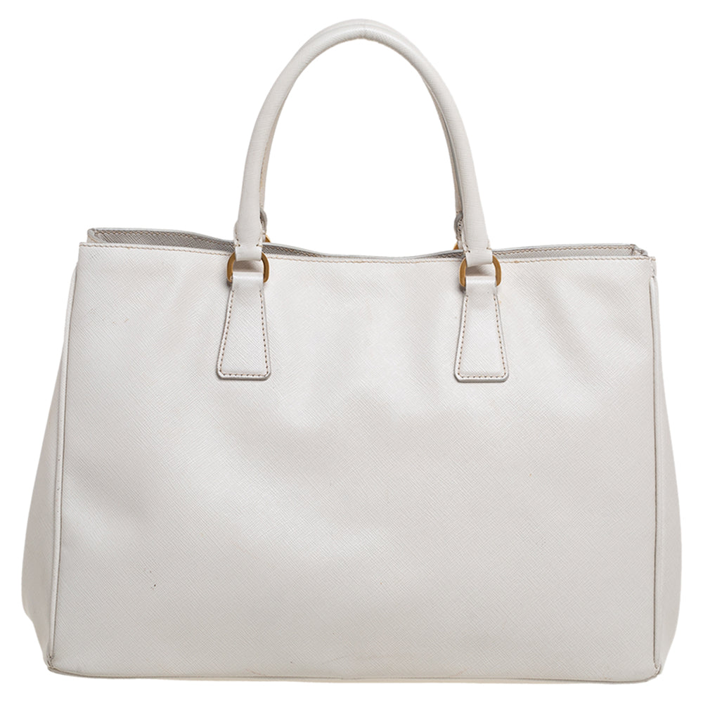 Prada Pearl White Saffiano Lux Leather Large Open Galleria Tote