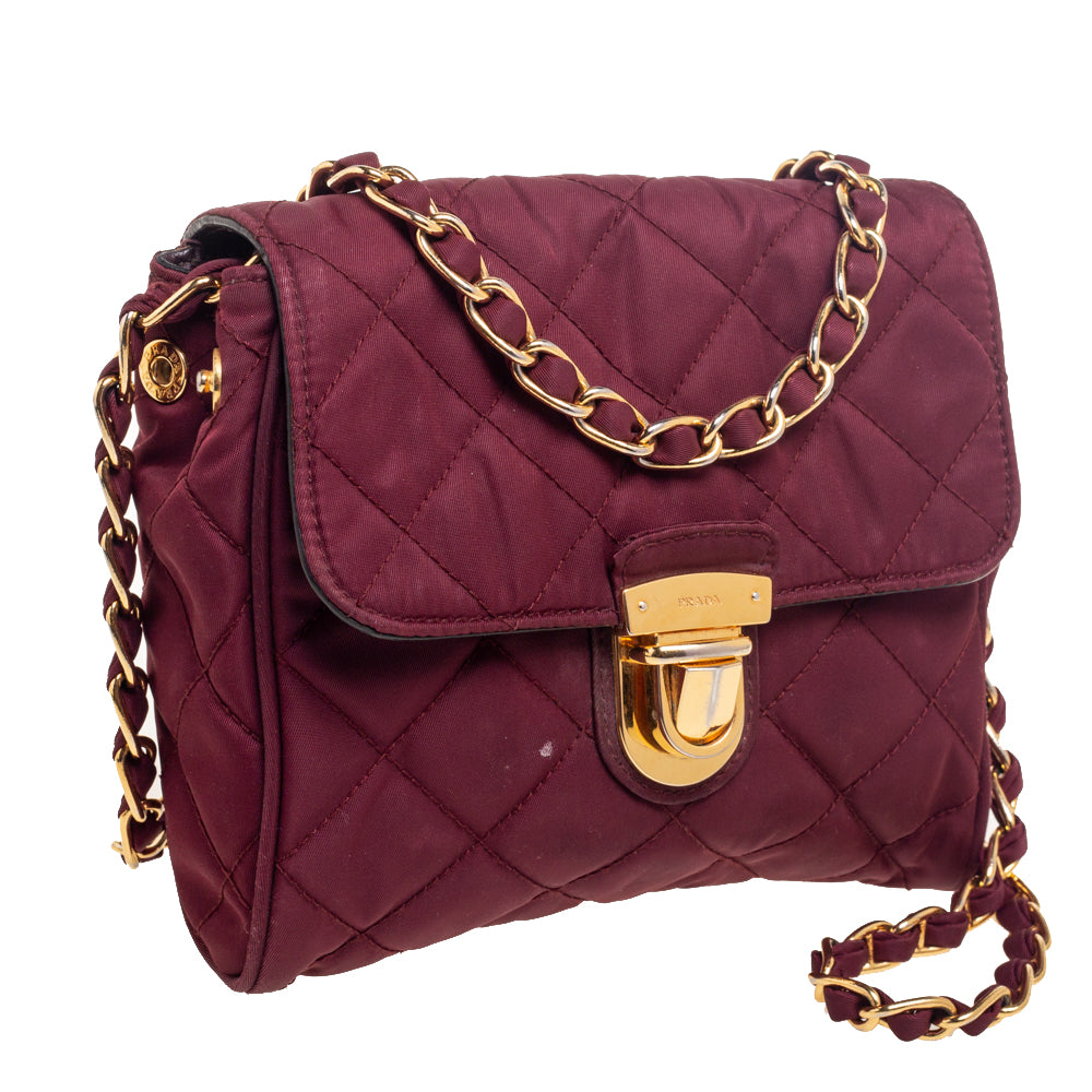 Prada Burgundy Quilted Satin Flap Chain Shoulder Bag