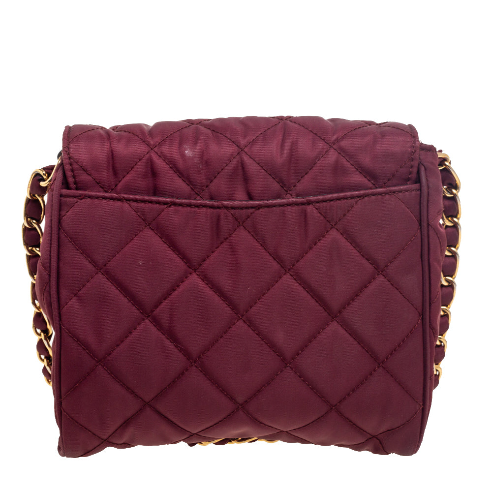 Prada Burgundy Quilted Satin Flap Chain Shoulder Bag