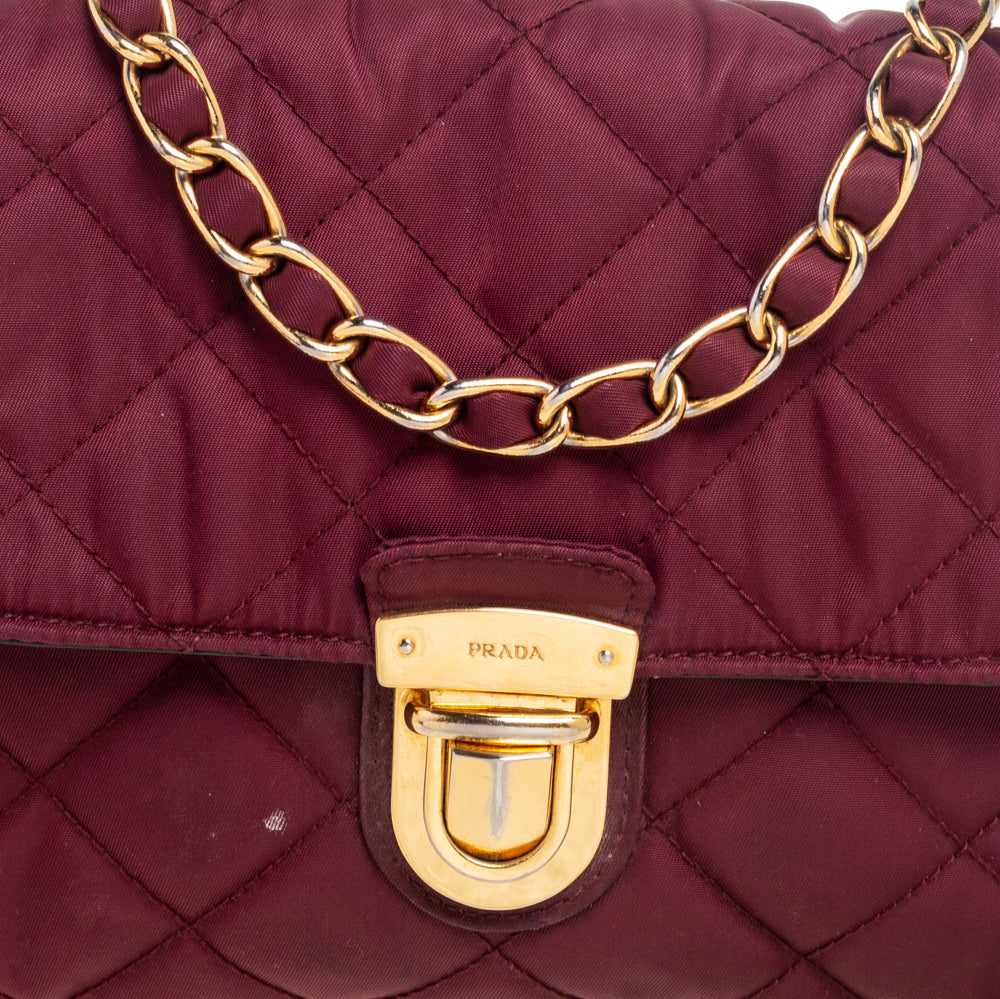 Prada Burgundy Quilted Satin Flap Chain Shoulder Bag