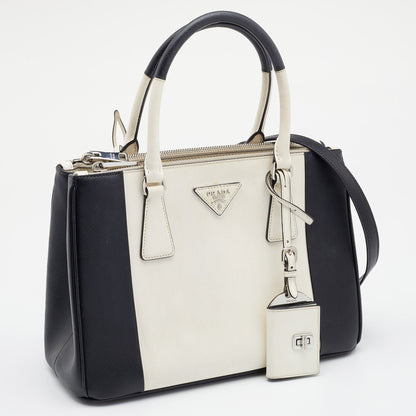 Prada Black/White Saffiano Leather Small Double Zip Tote