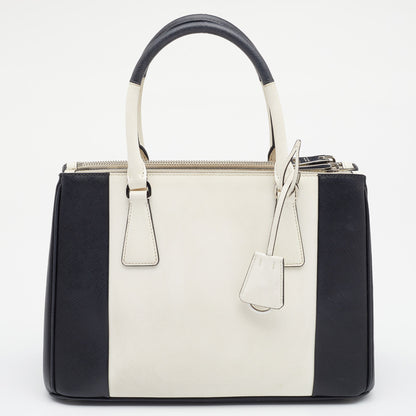 Prada Black/White Saffiano Leather Small Double Zip Tote