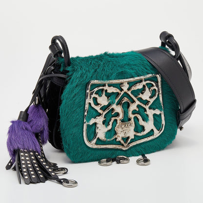 Prada Black/Green Calf Hair And Quilted Velvet Small Corsaire Shoulder Bag