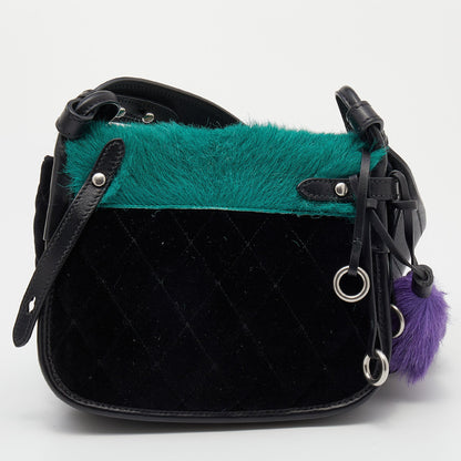 Prada Black/Green Calf Hair And Quilted Velvet Small Corsaire Shoulder Bag