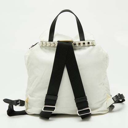 Prada White/Black Nylon and Leather New Vela Studded Backpack