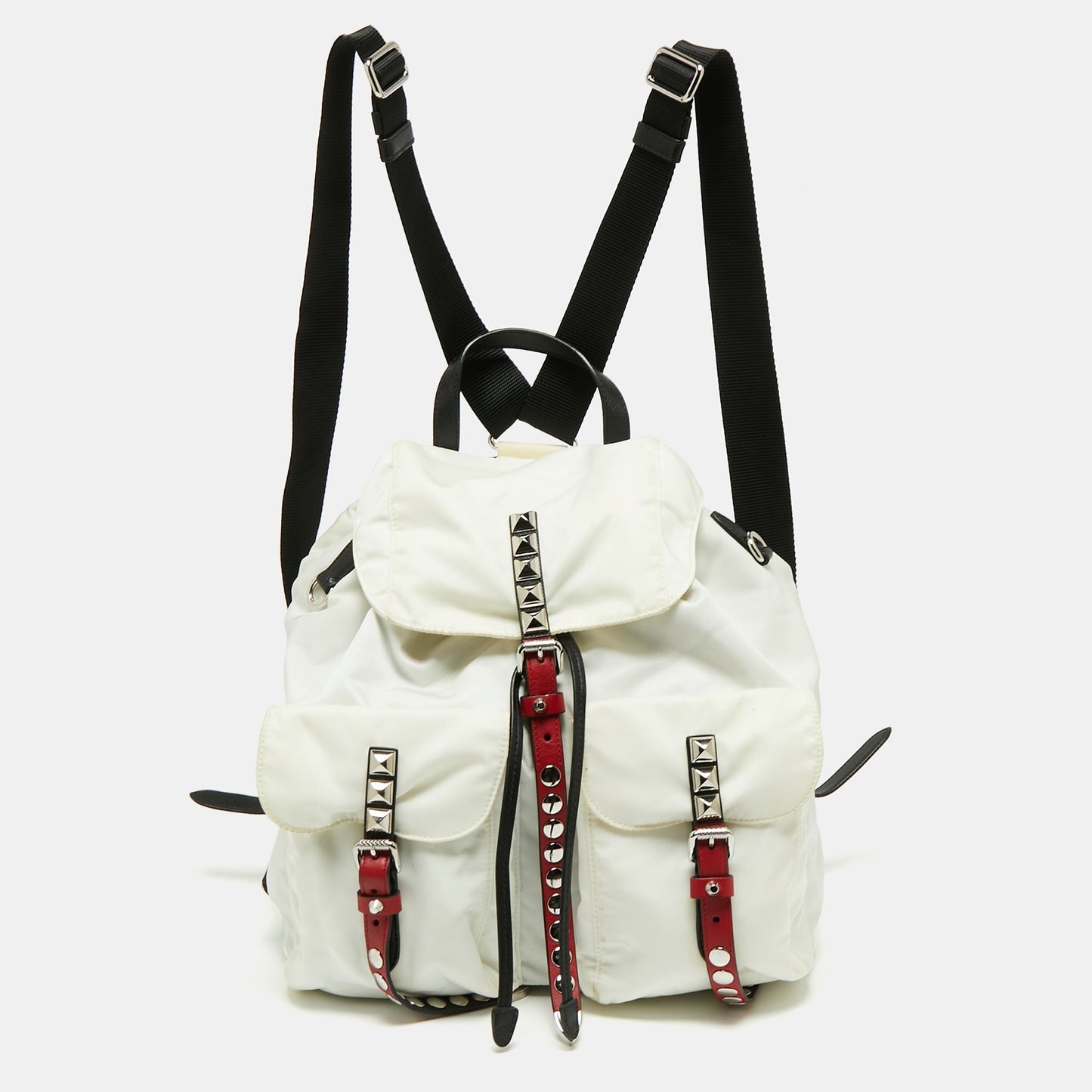 Prada White/Black Nylon and Leather New Vela Studded Backpack