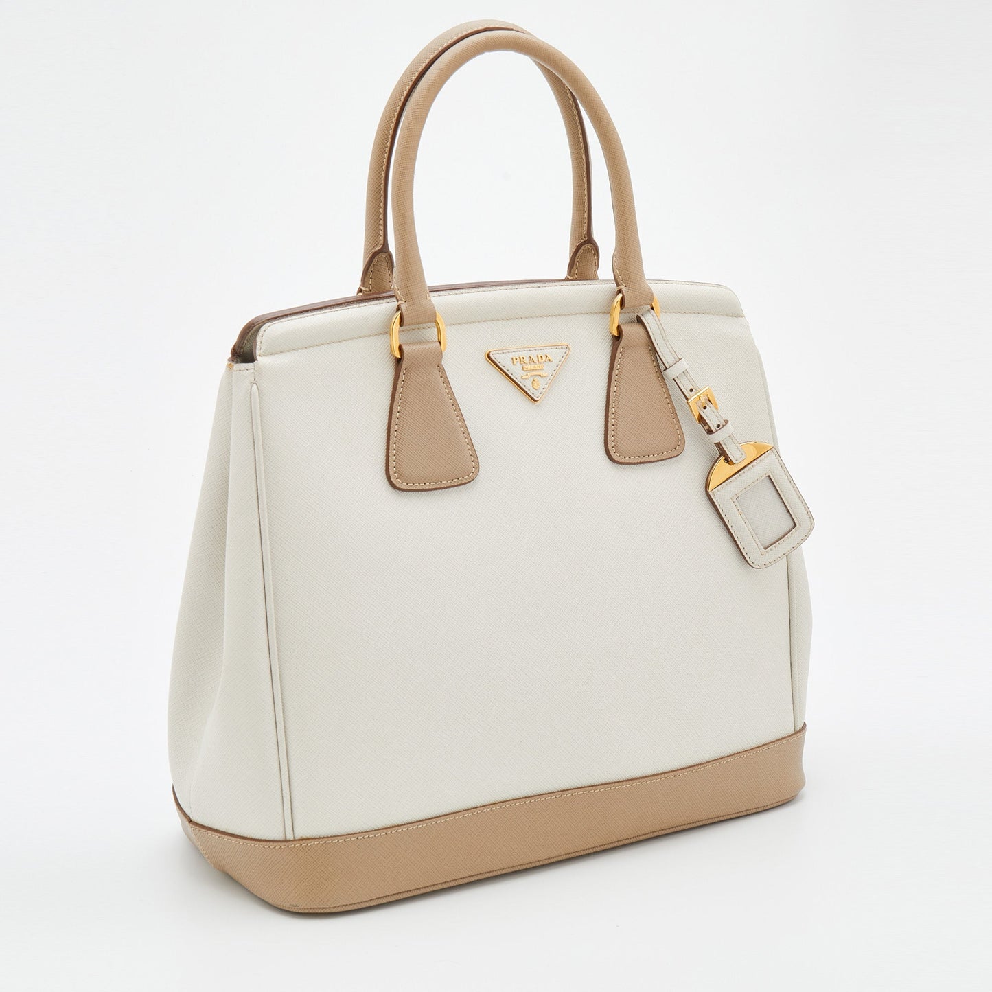 Prada Beige/White Saffiano Lux Leather Parabole Shopping Tote