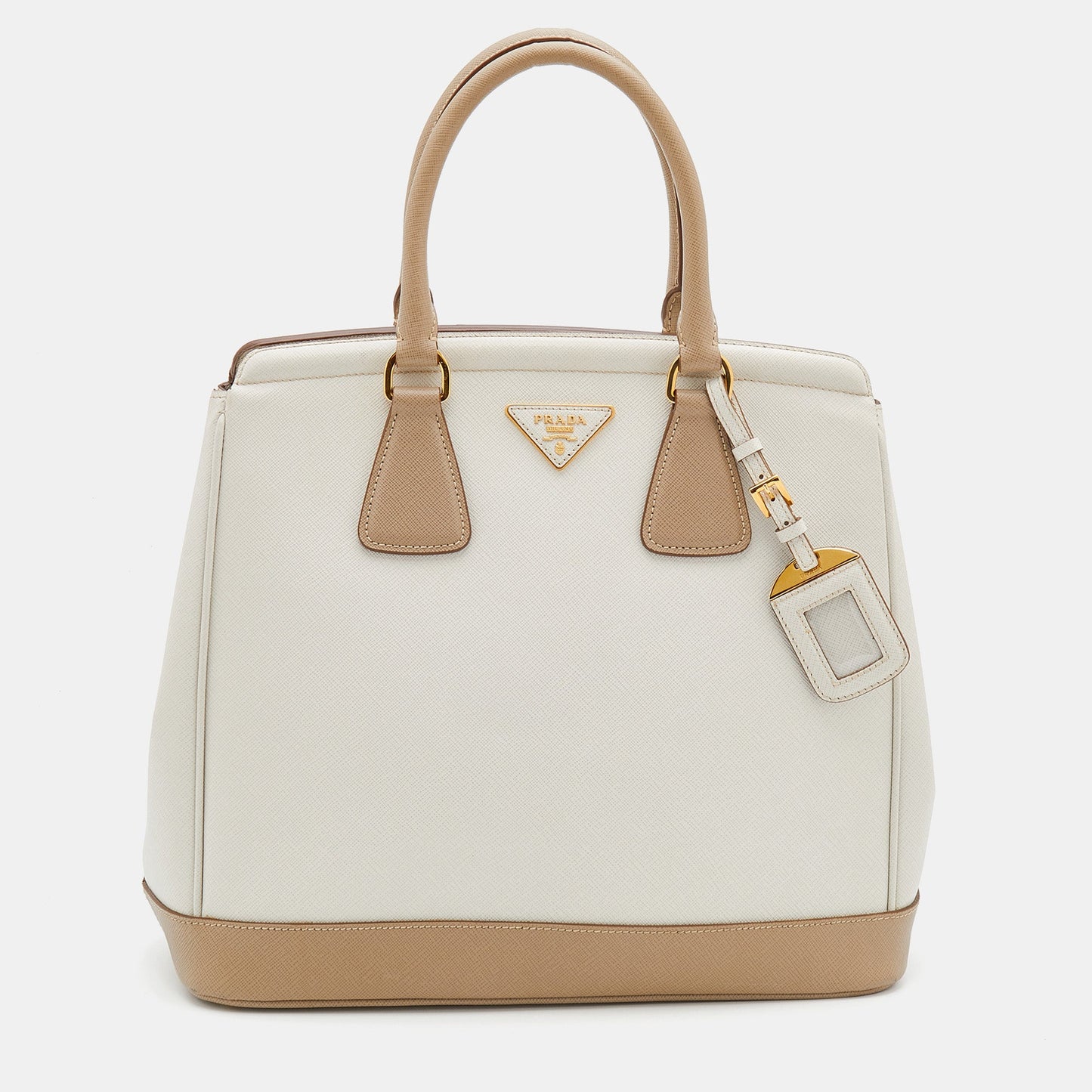 Prada Beige/White Saffiano Lux Leather Parabole Shopping Tote