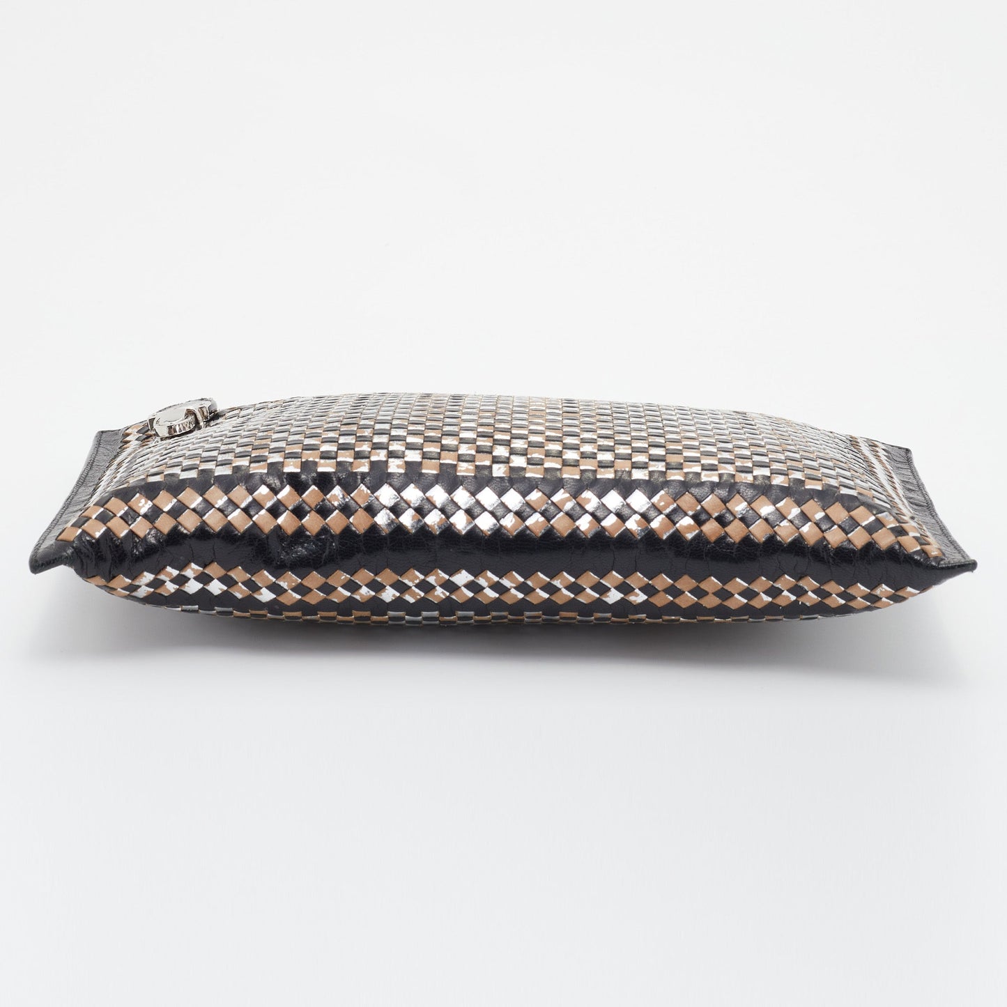 Prada Silver/Black Woven Madras Leather Zip Clutch