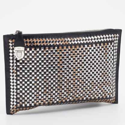 Prada Silver/Black Woven Madras Leather Zip Clutch