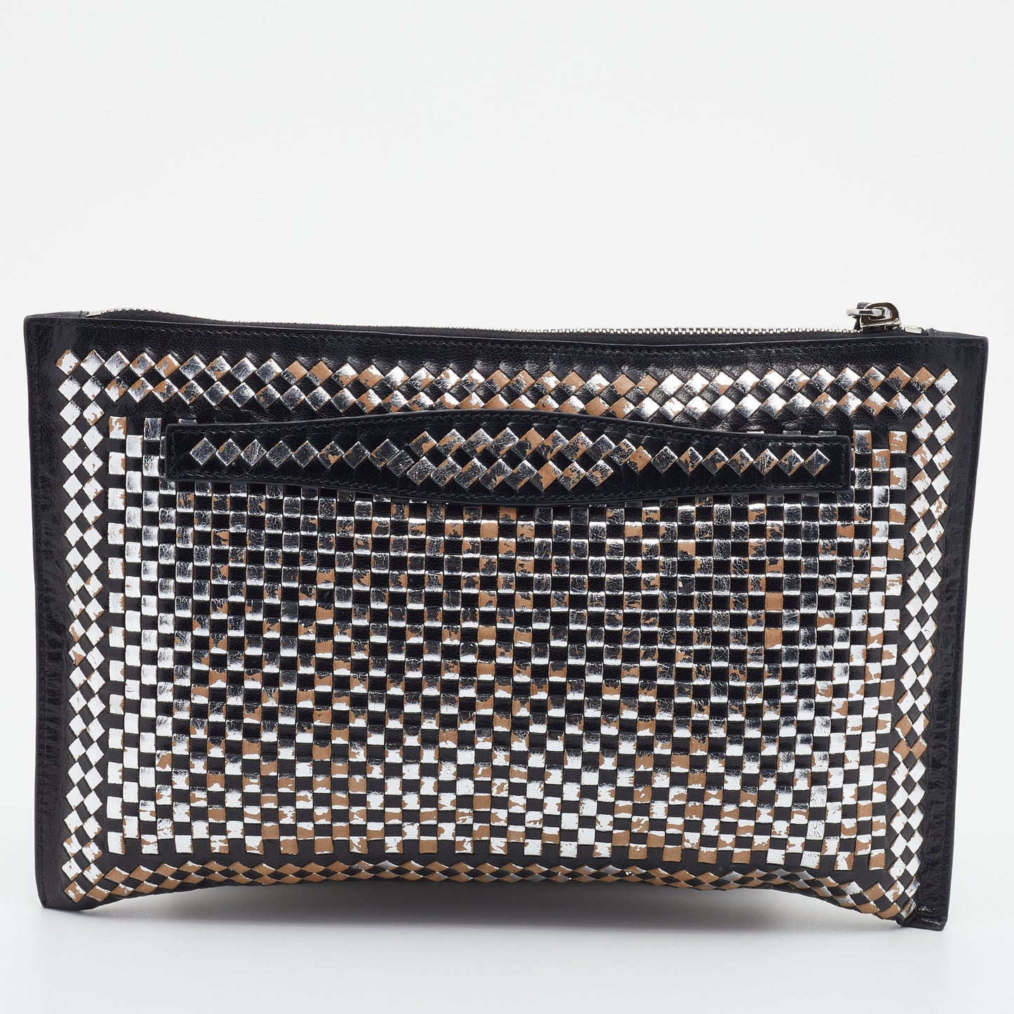 Prada Silver/Black Woven Madras Leather Zip Clutch