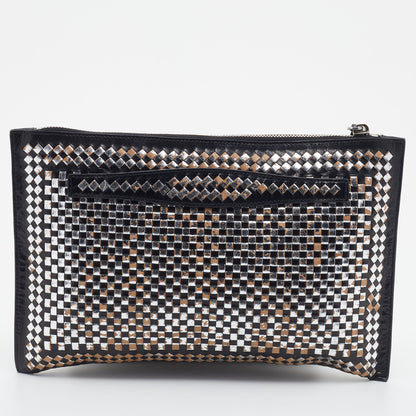 Prada Silver/Black Woven Madras Leather Zip Clutch