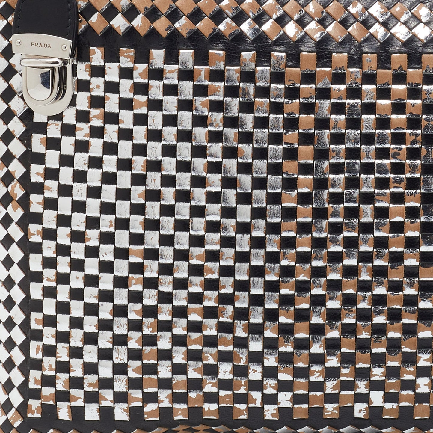 Prada Silver/Black Woven Madras Leather Zip Clutch