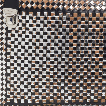 Prada Silver/Black Woven Madras Leather Zip Clutch