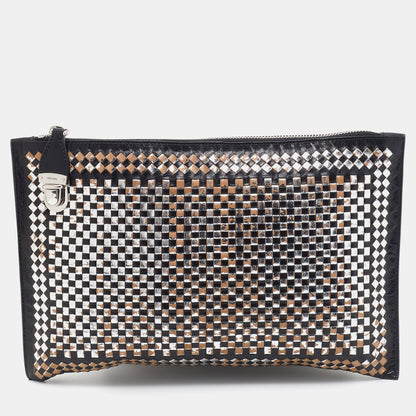 Prada Silver/Black Woven Madras Leather Zip Clutch