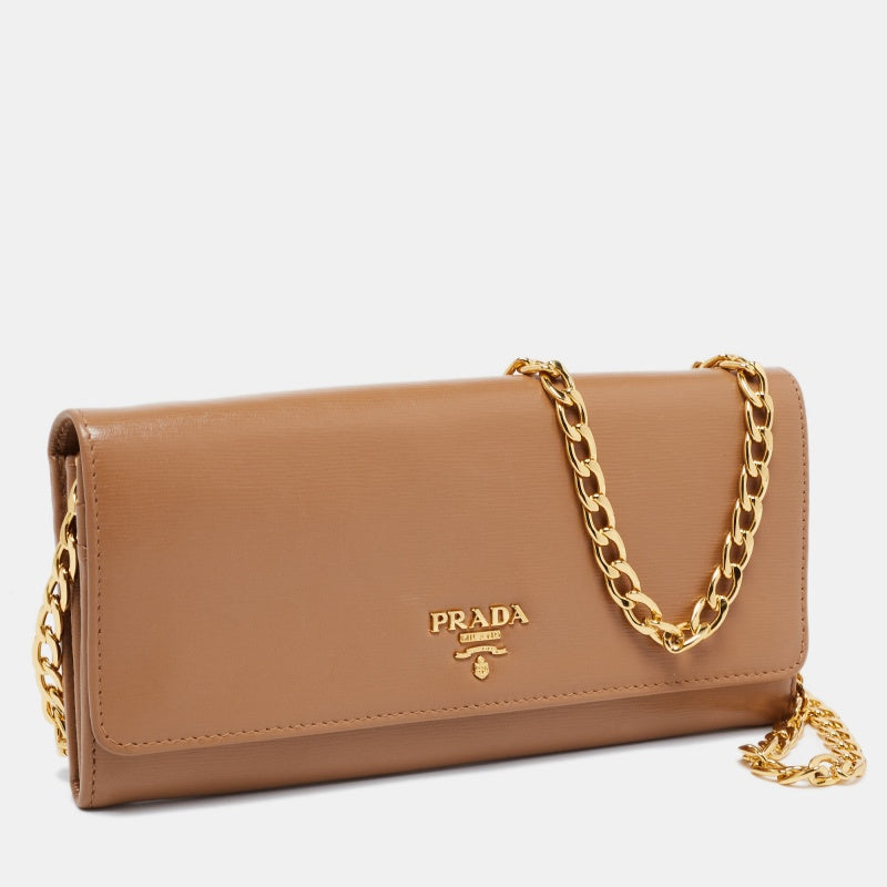 Prada Beige Vitello Move Leather Wallet on Chain