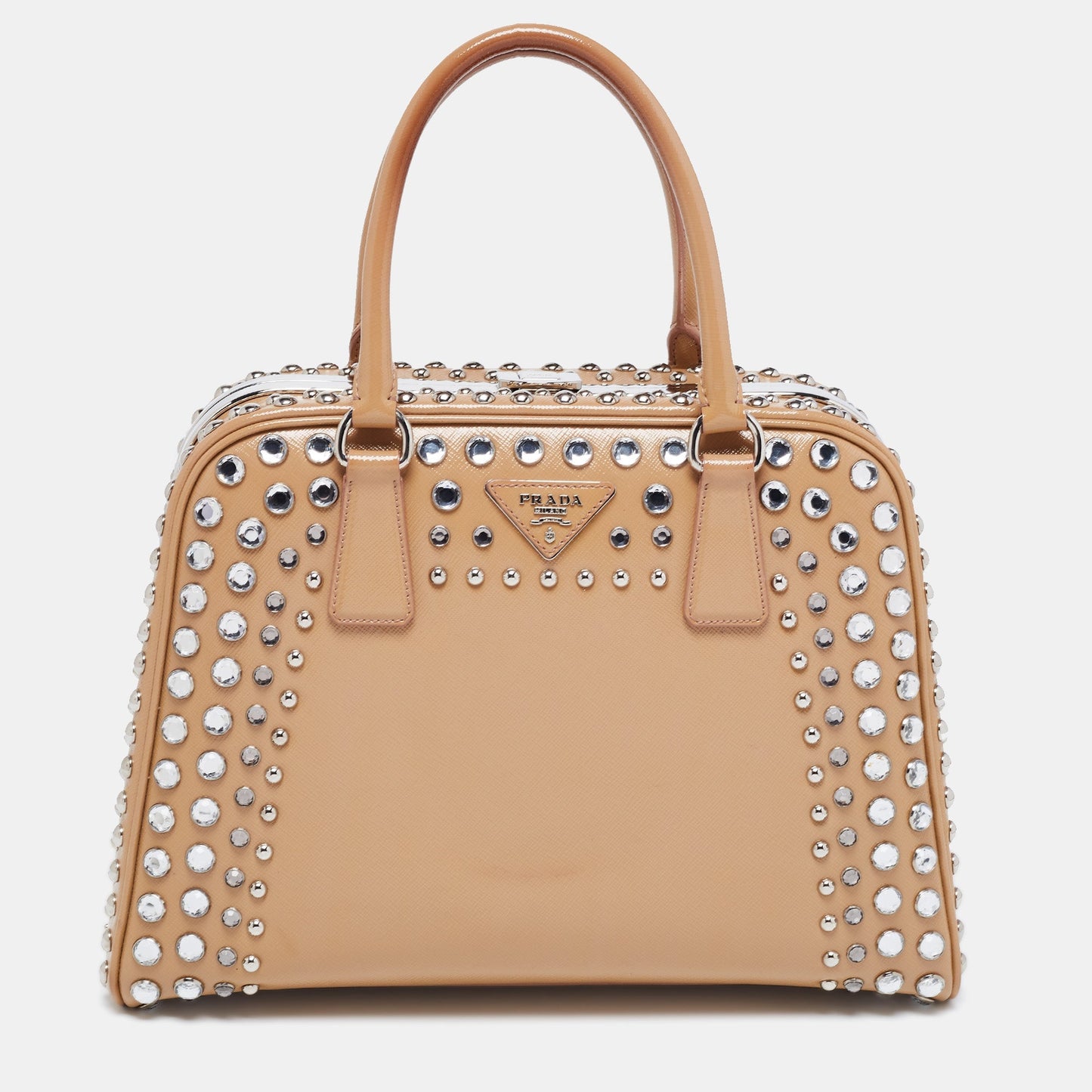 Prada Beige Saffiano Patent Leather Studded Pyramid Frame Satchel