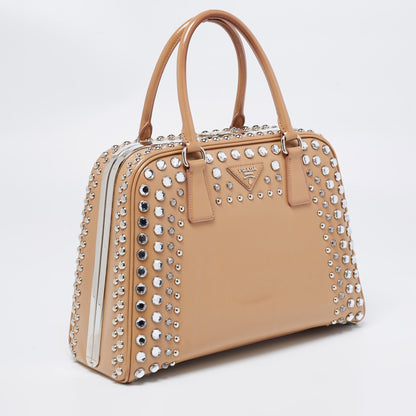 Prada Beige Saffiano Patent Leather Studded Pyramid Frame Satchel