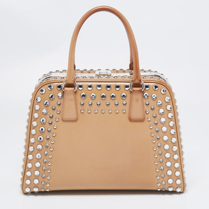 Prada Beige Saffiano Patent Leather Studded Pyramid Frame Satchel