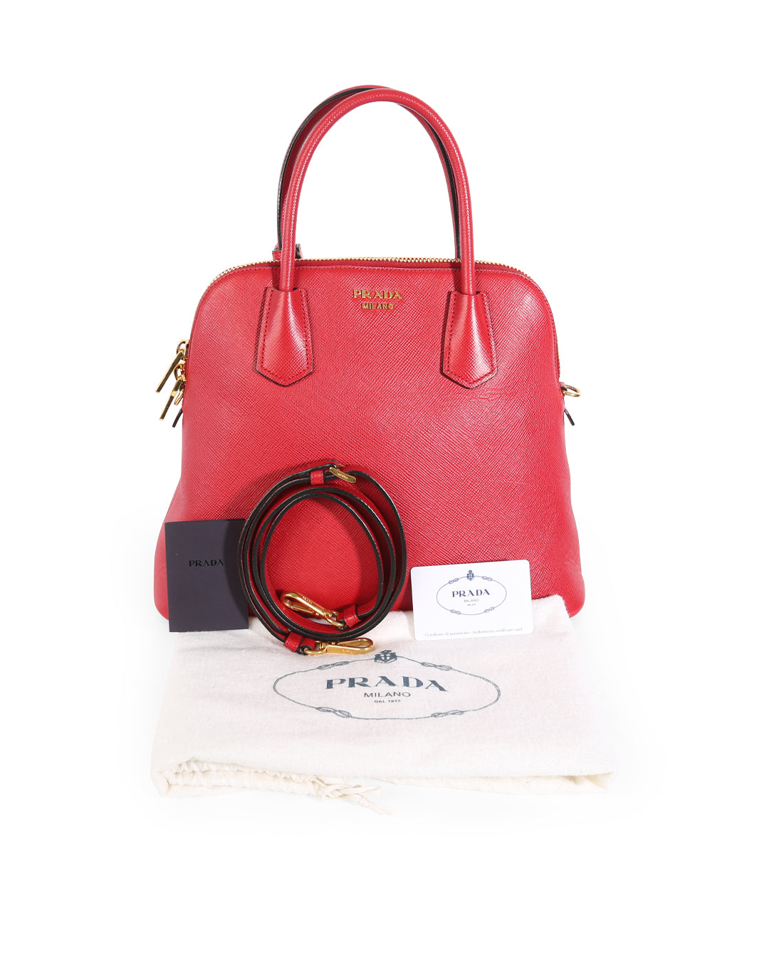 PRADA Red Saffiano Leather Medium Dome Satchel Bag