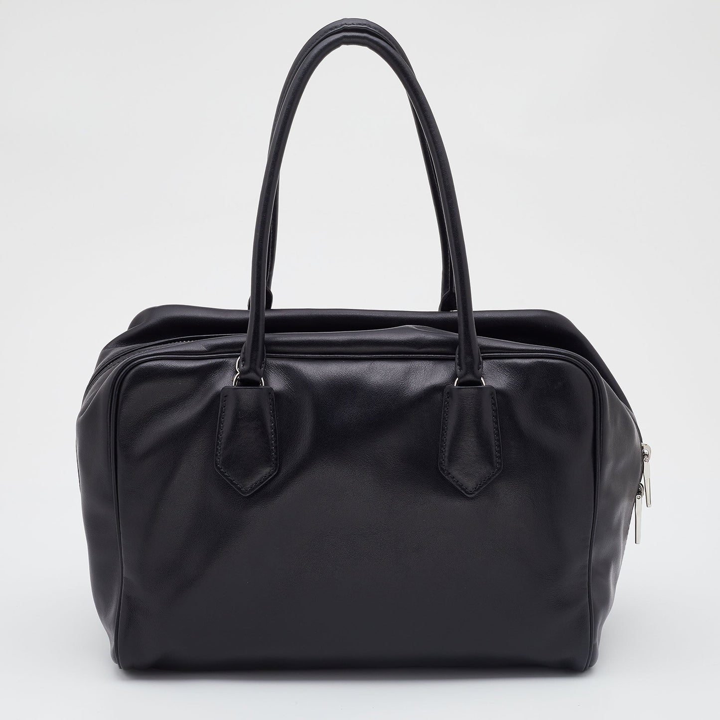 PRADA Black Leather Top Zip Boston Bag