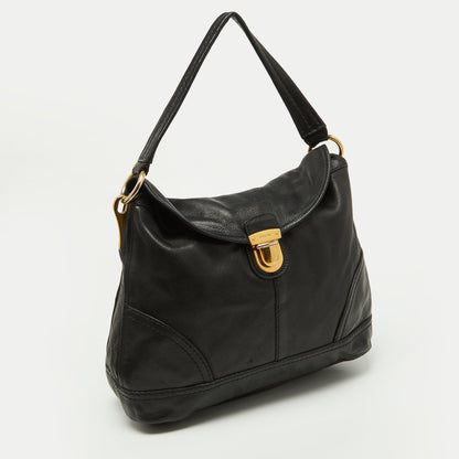 PRADA Black Soft Leather Pushlock Flap Hobo