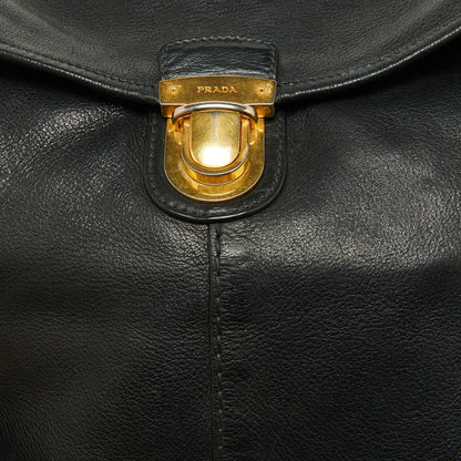 PRADA Black Soft Leather Pushlock Flap Hobo