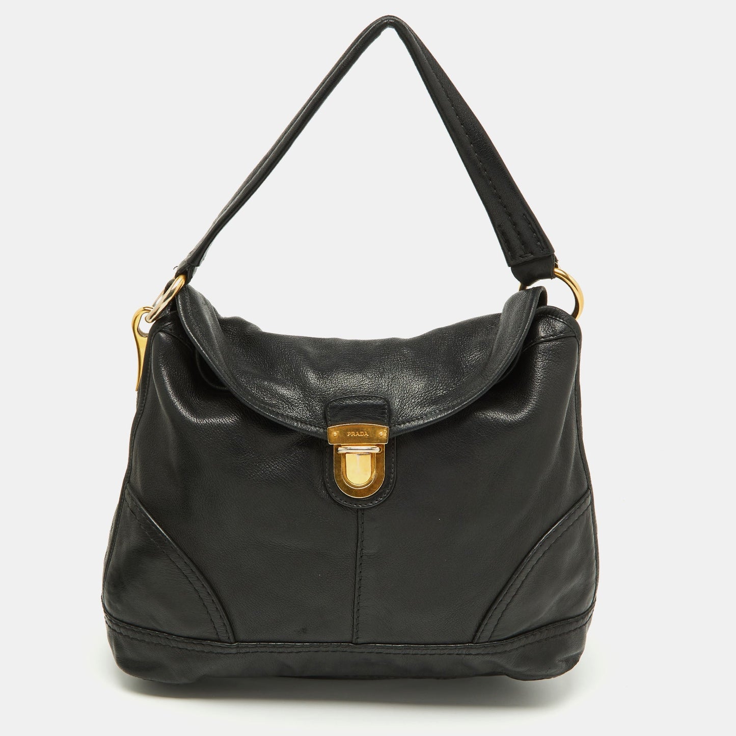 PRADA Black Soft Leather Pushlock Flap Hobo