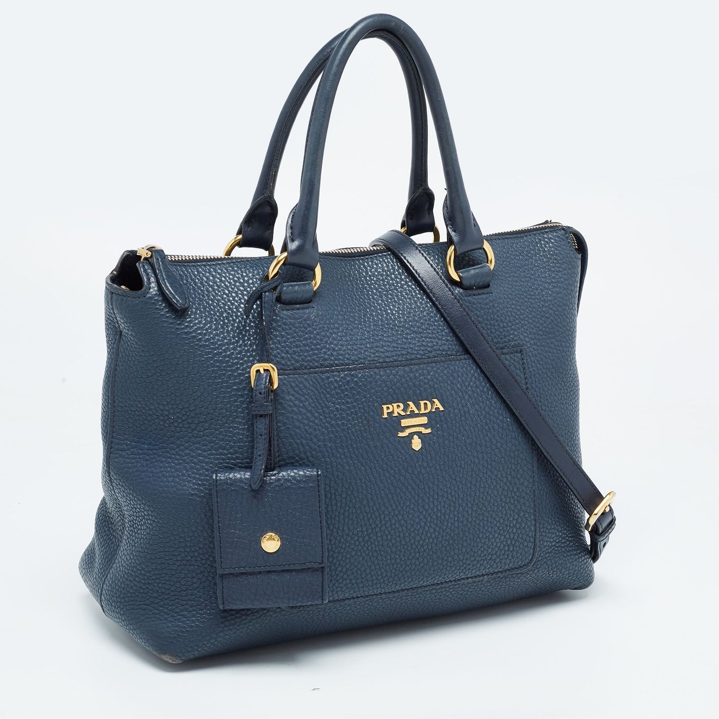 PRADA Navy Blue Vitello Daino Leather Satchel