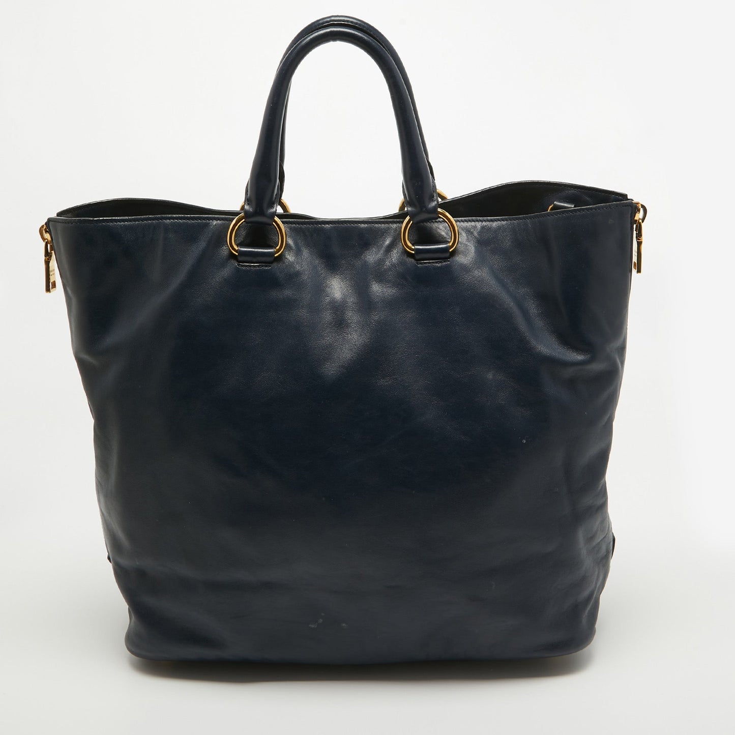 PRADA Navy Blue Leather Side Zip Tote