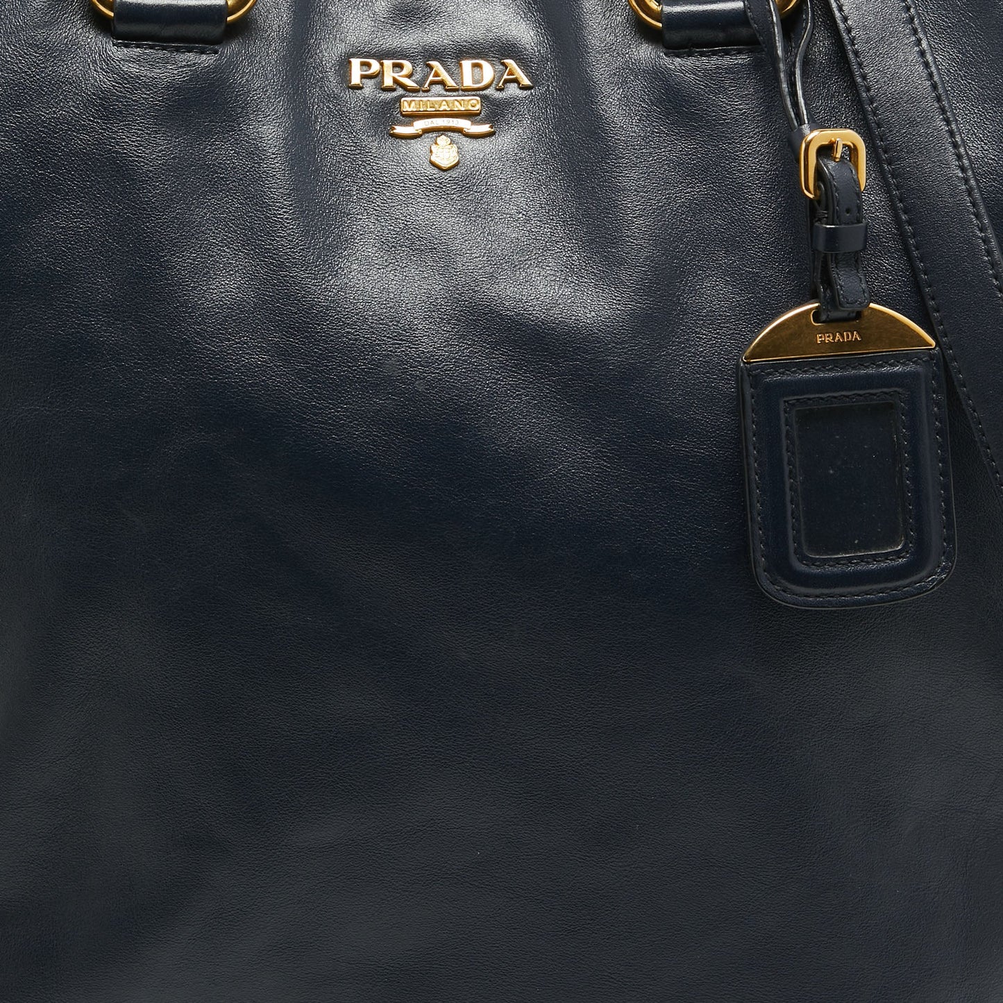 PRADA Navy Blue Leather Side Zip Tote