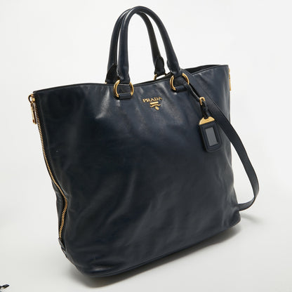 PRADA Navy Blue Leather Side Zip Tote