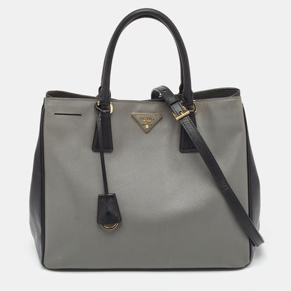 PRADA Black/Grey Saffiano Lux Leather Colorblock Galleria Tote