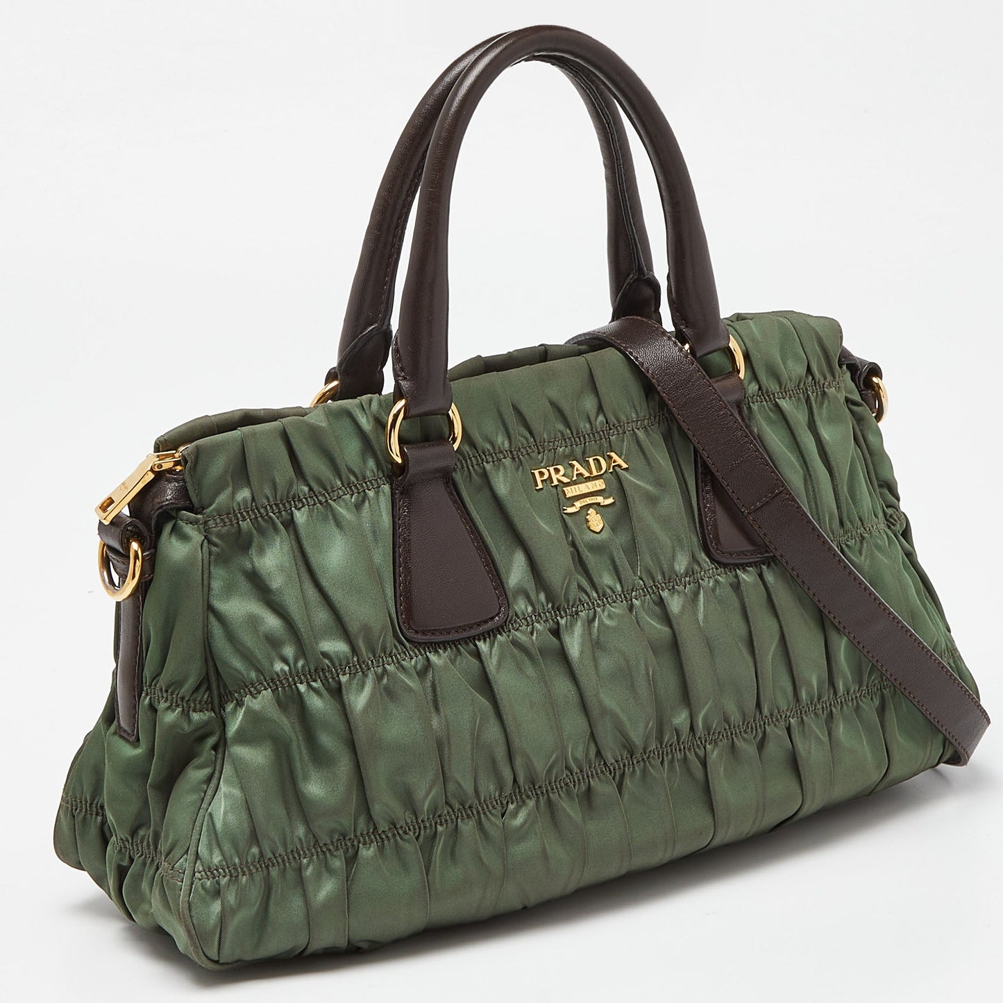 PRADA Green/Brown Gaufre Nylon and Leather Tote