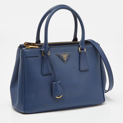 PRADA Blue Saffiano Leather Small Galleria Double Zip Tote